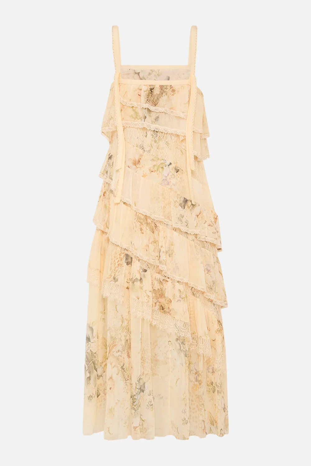ASYMMETRIC SPLICED LACE DRESS ADORNED IN ANTIQUITY