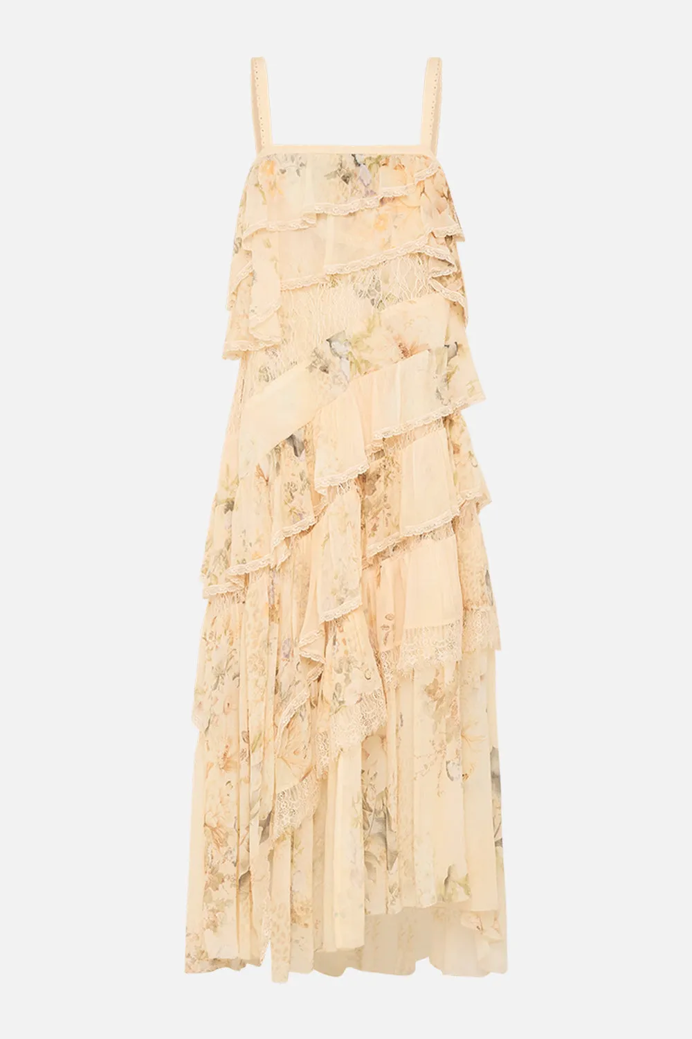 ASYMMETRIC SPLICED LACE DRESS ADORNED IN ANTIQUITY