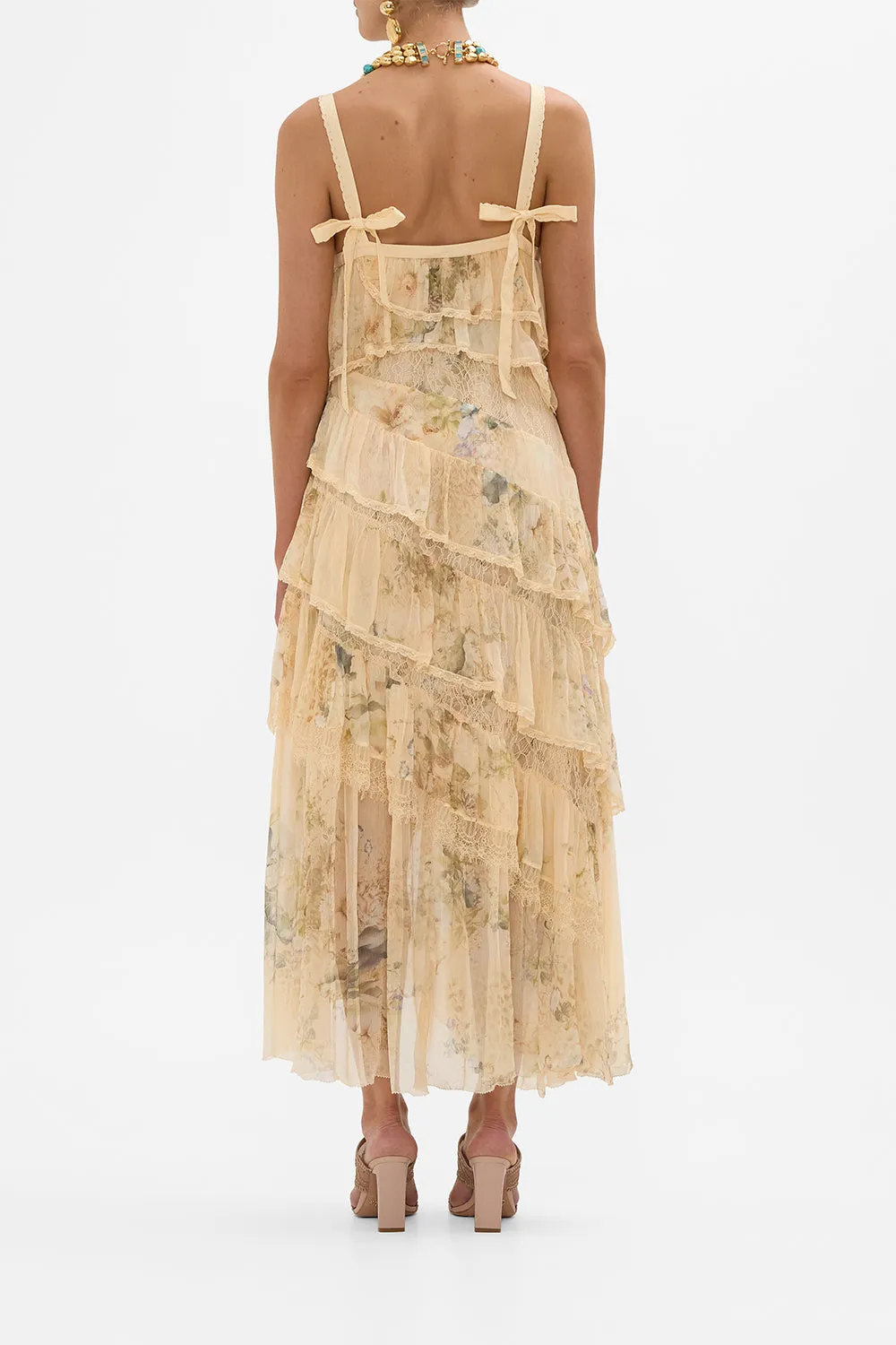ASYMMETRIC SPLICED LACE DRESS ADORNED IN ANTIQUITY