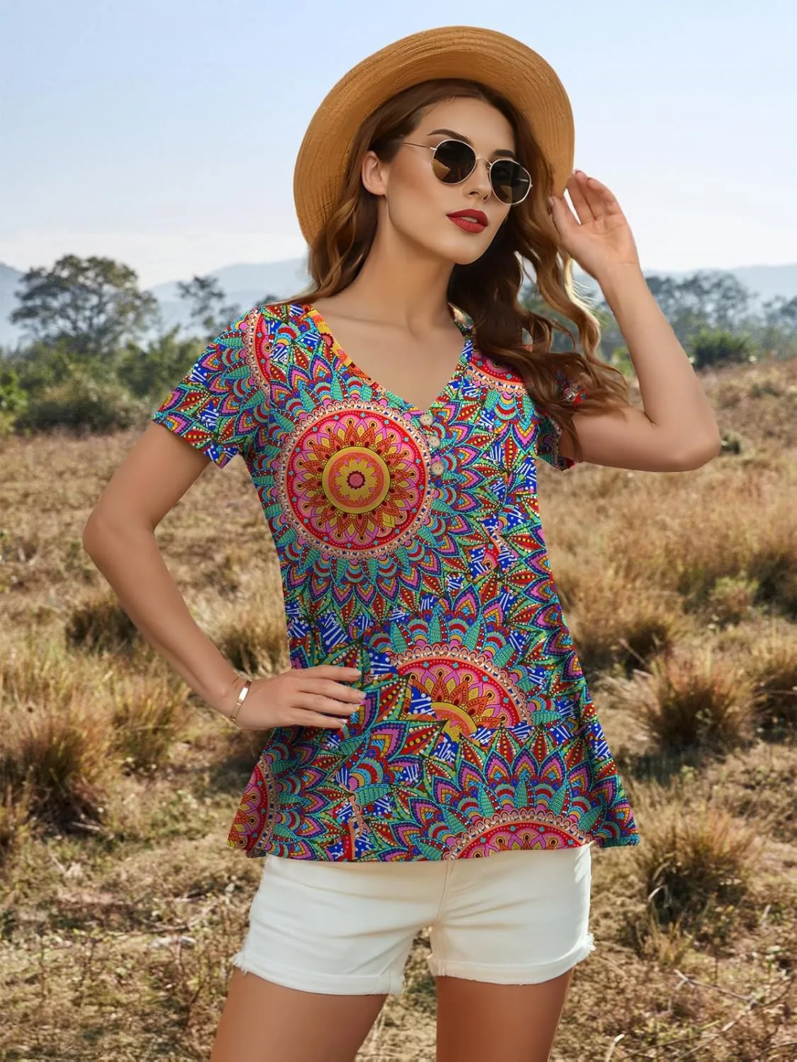 AWULIFFAN Womens Summer Short Sleeve Tunic Tops Loose Fit Casual T-Shirt Button Up Blouses