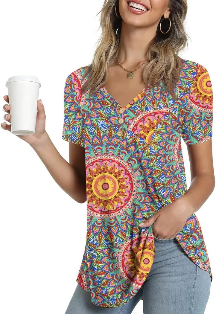 AWULIFFAN Womens Summer Short Sleeve Tunic Tops Loose Fit Casual T-Shirt Button Up Blouses