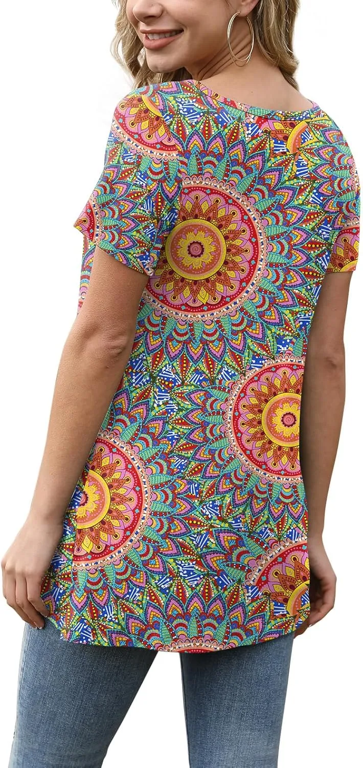 AWULIFFAN Womens Summer Short Sleeve Tunic Tops Loose Fit Casual T-Shirt Button Up Blouses