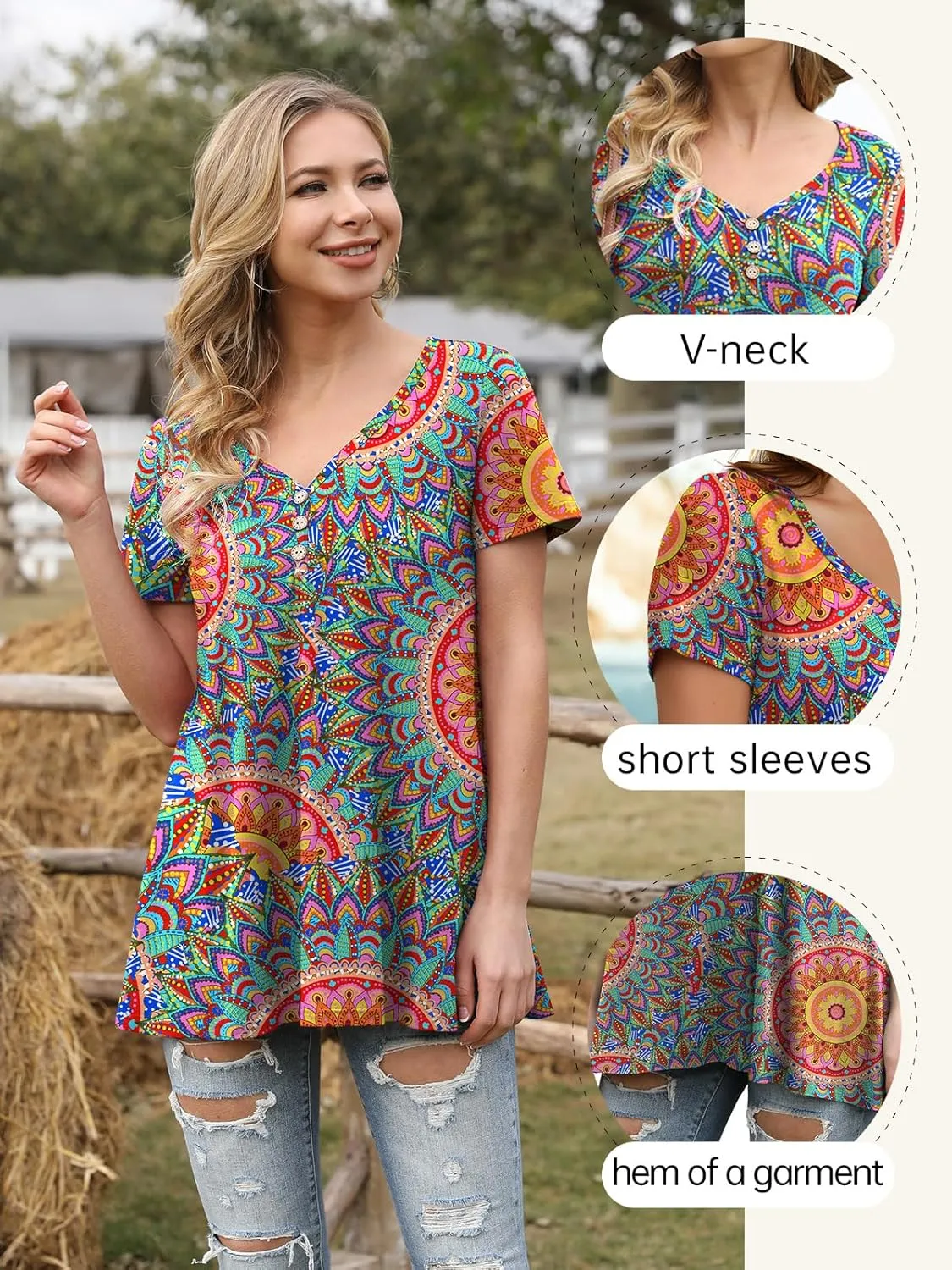 AWULIFFAN Womens Summer Short Sleeve Tunic Tops Loose Fit Casual T-Shirt Button Up Blouses