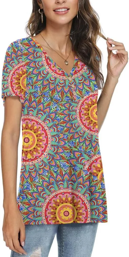 AWULIFFAN Womens Summer Short Sleeve Tunic Tops Loose Fit Casual T-Shirt Button Up Blouses