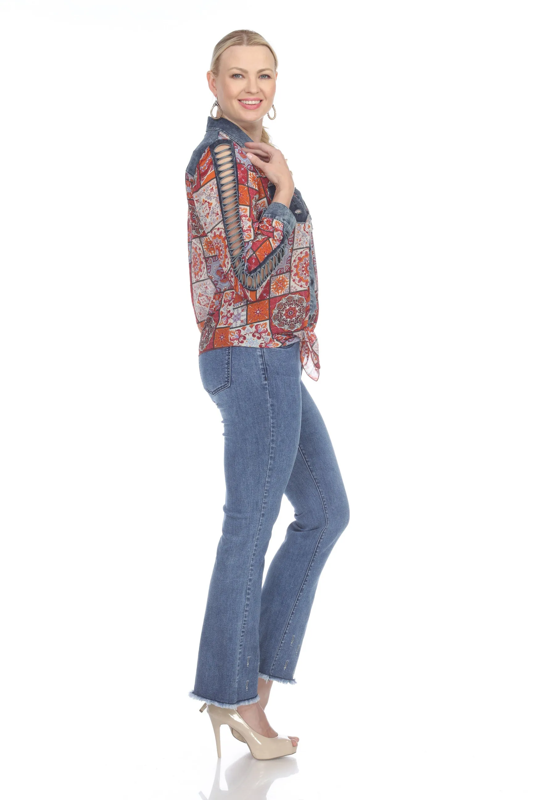 AZI Red Multi Colored Tie Front Denim Chiffon Blouse With Lattice Sleeve