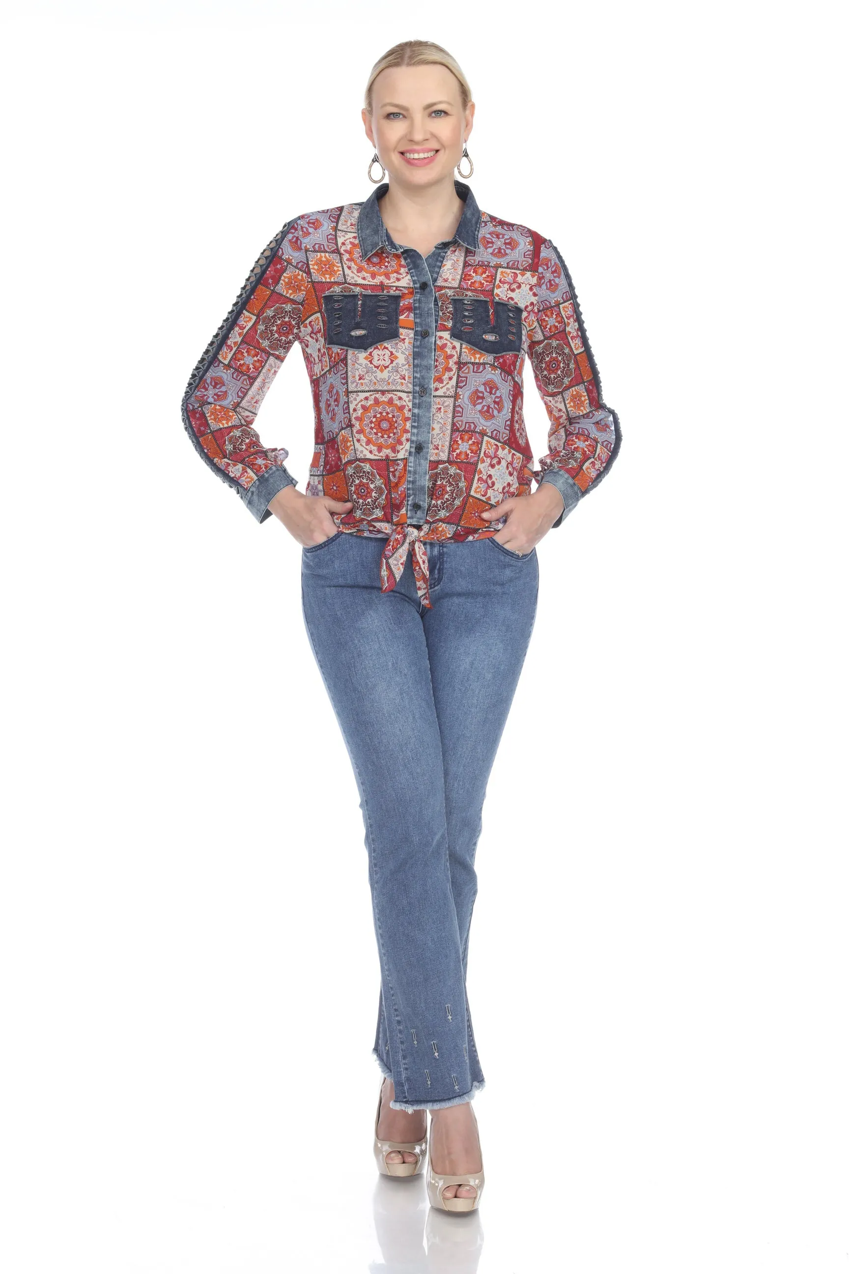 AZI Red Multi Colored Tie Front Denim Chiffon Blouse With Lattice Sleeve