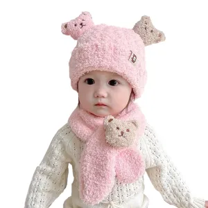 Babymoon Winter Bear Fleece Soft Baby Cap Hat with Scarf Boy’s Girls Kids Cap Hat Headwear | Pink | 0-3 Yr