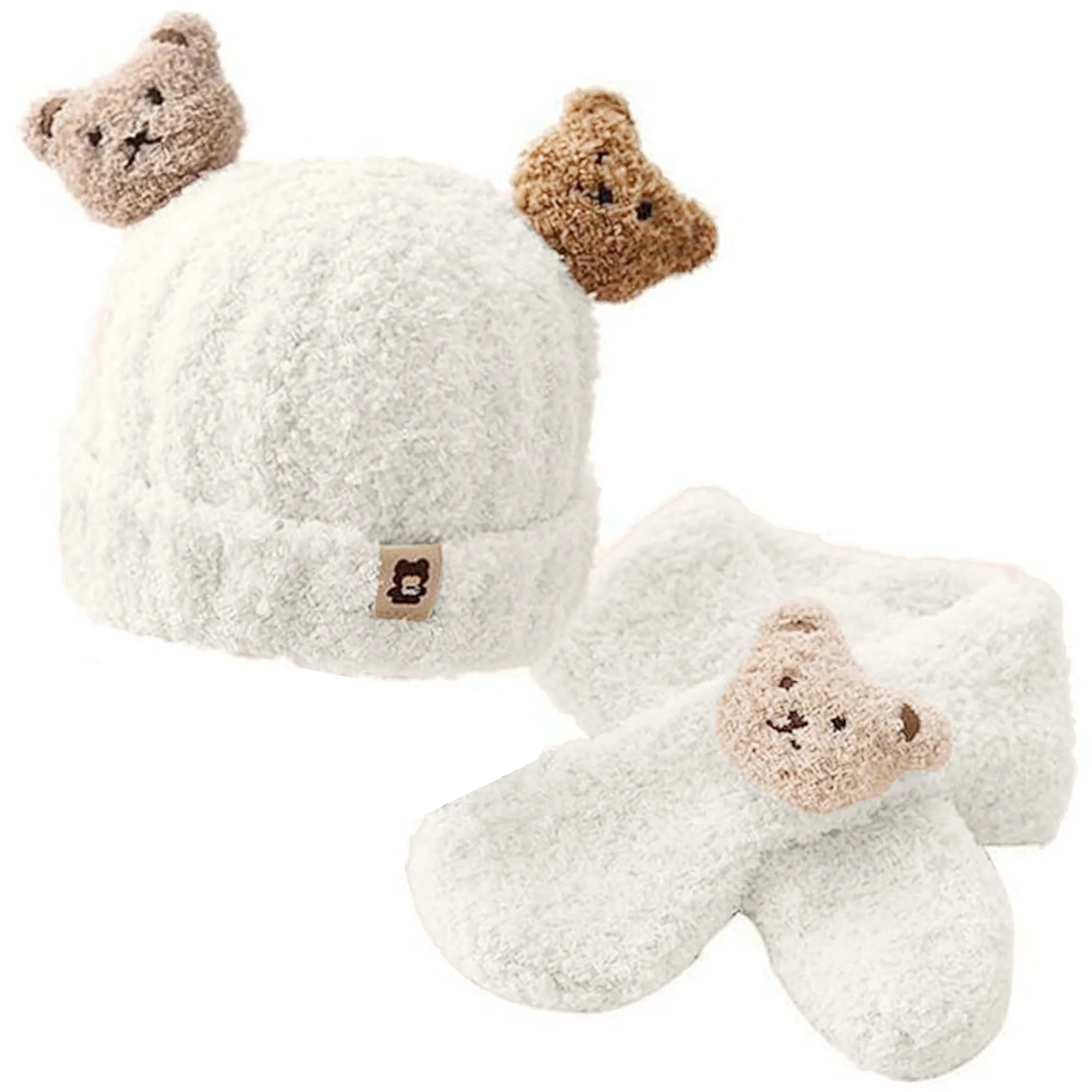 Babymoon Winter Bear Fleece Soft Baby Cap Hat with Scarf Boy’s Girls Kids Cap Hat Headwear | White | 0-3 Yr