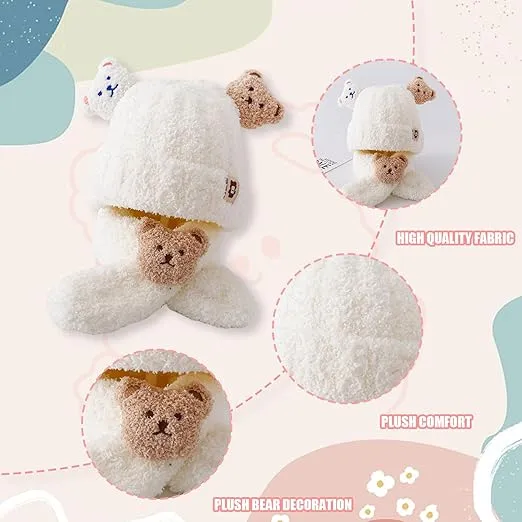 Babymoon Winter Bear Fleece Soft Baby Cap Hat with Scarf Boy’s Girls Kids Cap Hat Headwear | White | 0-3 Yr