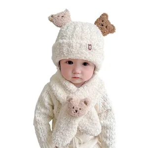 Babymoon Winter Bear Fleece Soft Baby Cap Hat with Scarf Boy’s Girls Kids Cap Hat Headwear | White | 0-3 Yr