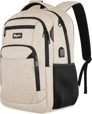 Backpack for Women Men, School Backpacks for Girls Boys Teens, Back Pack with USB Charging Port, College High School Laptop Bookbag Fit 15.6 Inch, Work Business Computer Book Bag, Beige