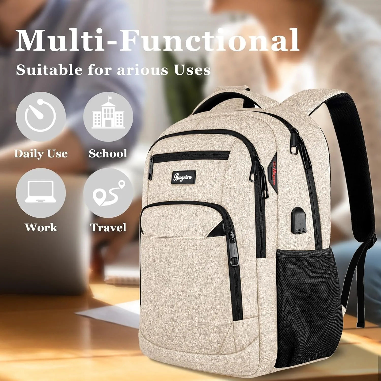 Backpack for Women Men, School Backpacks for Girls Boys Teens, Back Pack with USB Charging Port, College High School Laptop Bookbag Fit 15.6 Inch, Work Business Computer Book Bag, Beige