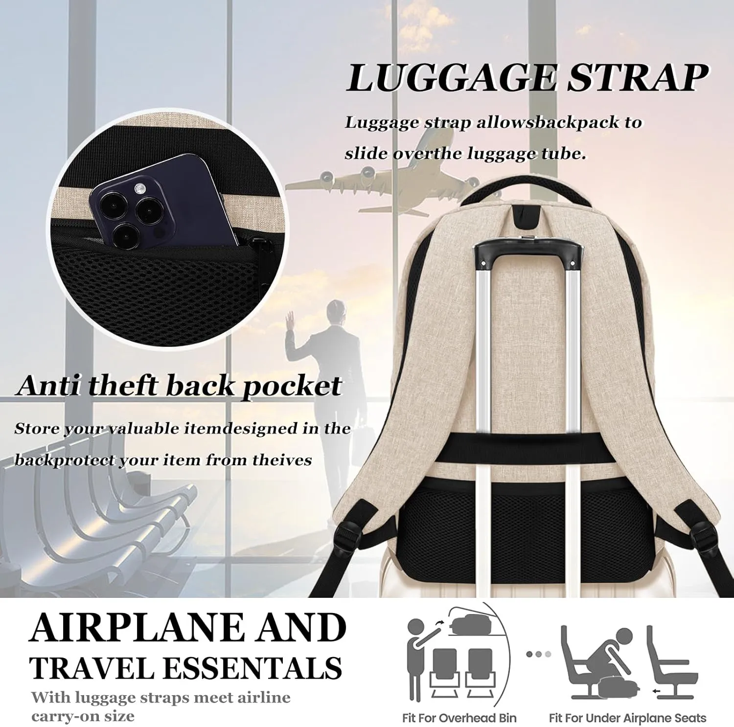 Backpack for Women Men, School Backpacks for Girls Boys Teens, Back Pack with USB Charging Port, College High School Laptop Bookbag Fit 15.6 Inch, Work Business Computer Book Bag, Beige