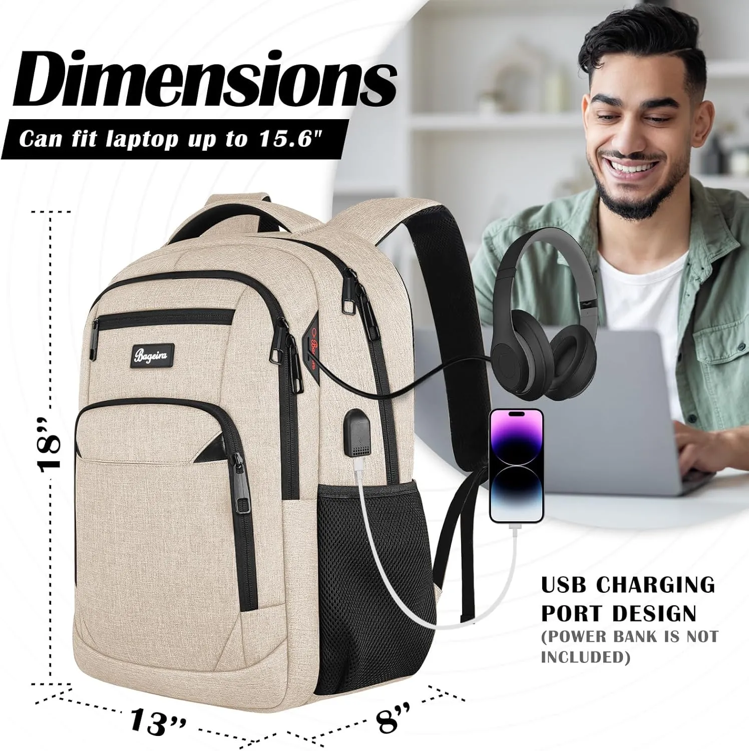 Backpack for Women Men, School Backpacks for Girls Boys Teens, Back Pack with USB Charging Port, College High School Laptop Bookbag Fit 15.6 Inch, Work Business Computer Book Bag, Beige