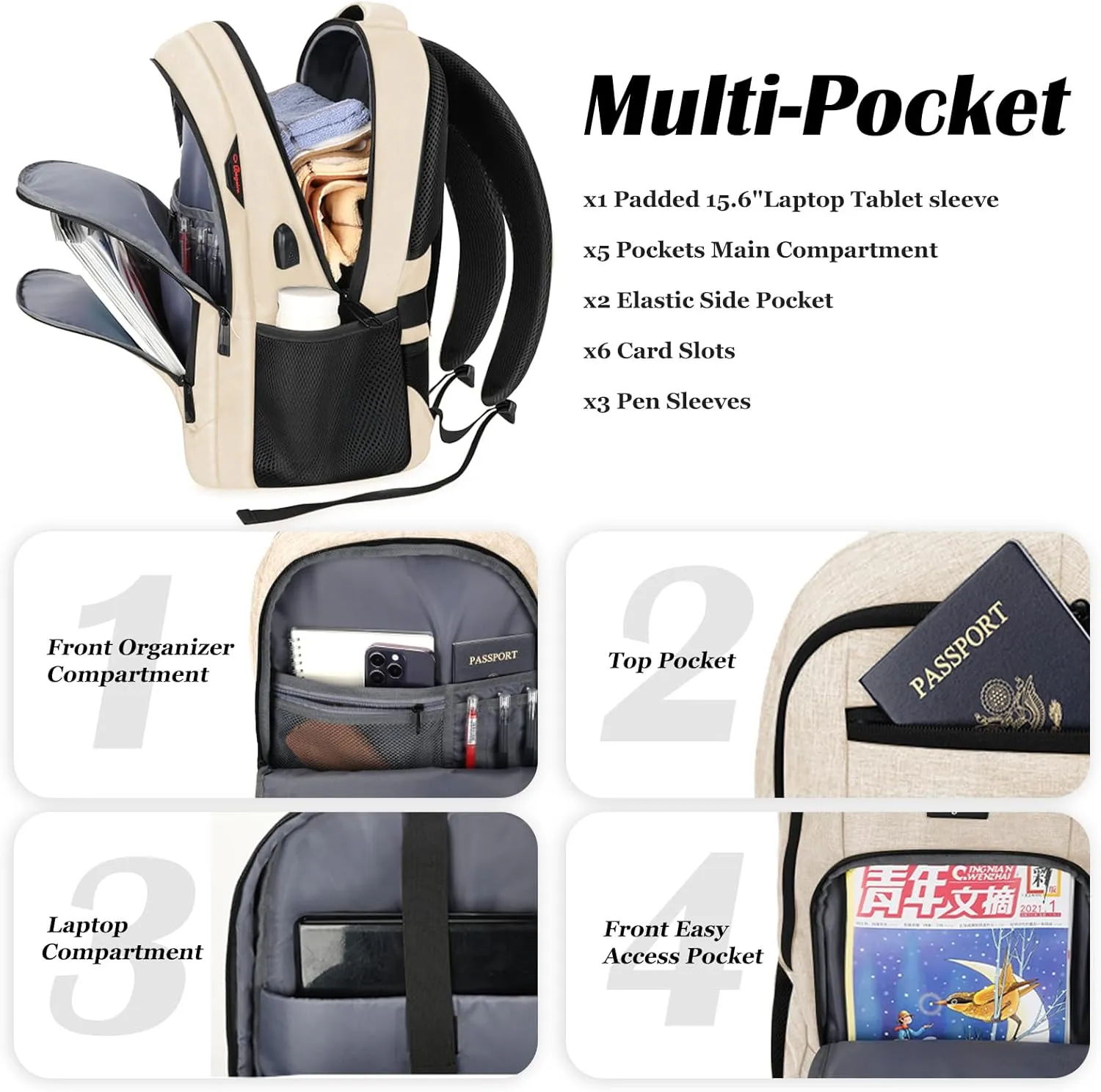 Backpack for Women Men, School Backpacks for Girls Boys Teens, Back Pack with USB Charging Port, College High School Laptop Bookbag Fit 15.6 Inch, Work Business Computer Book Bag, Beige