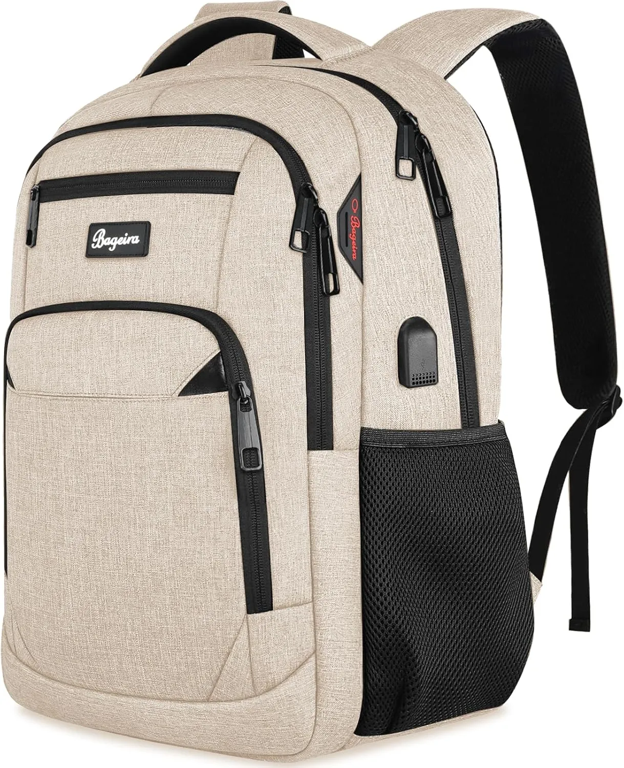 Backpack for Women Men, School Backpacks for Girls Boys Teens, Back Pack with USB Charging Port, College High School Laptop Bookbag Fit 15.6 Inch, Work Business Computer Book Bag, Beige
