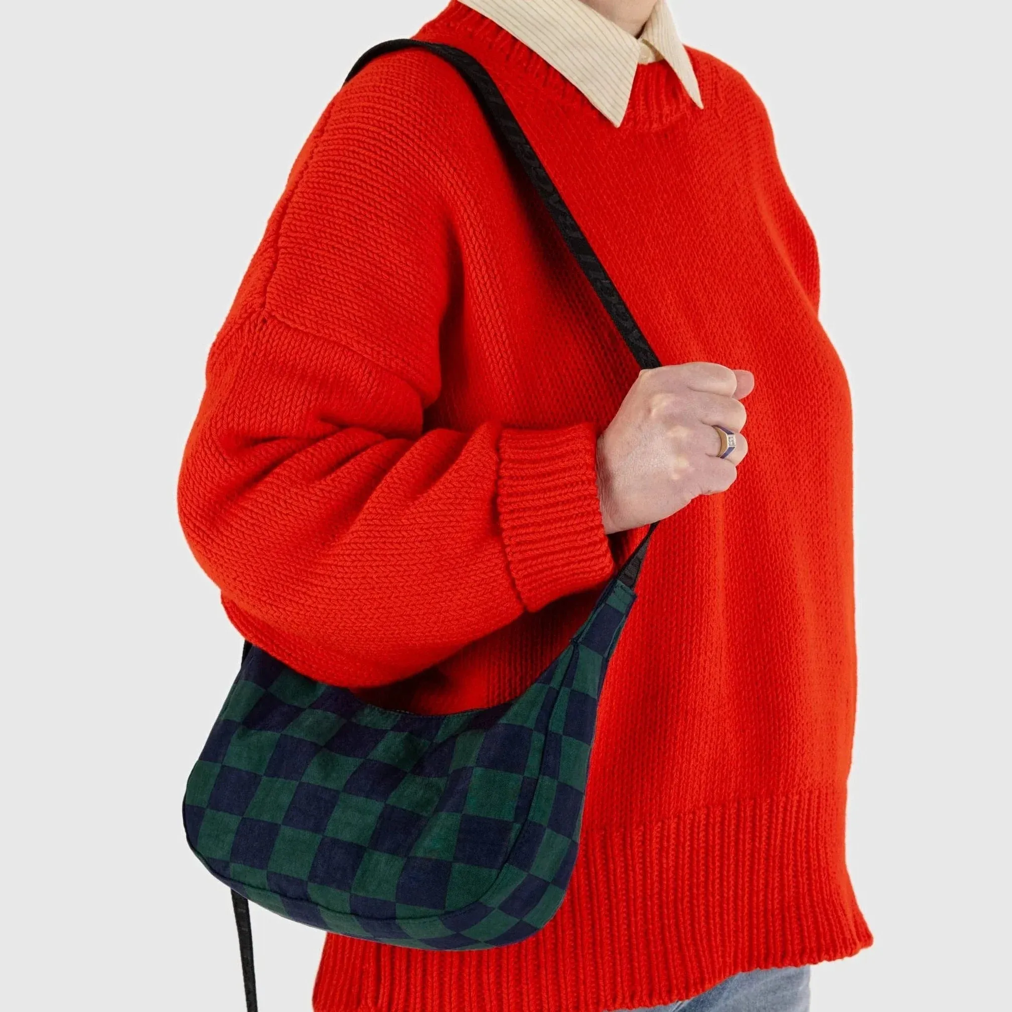 Baggu Small Nylon Crescent Bag in Navy Green Check