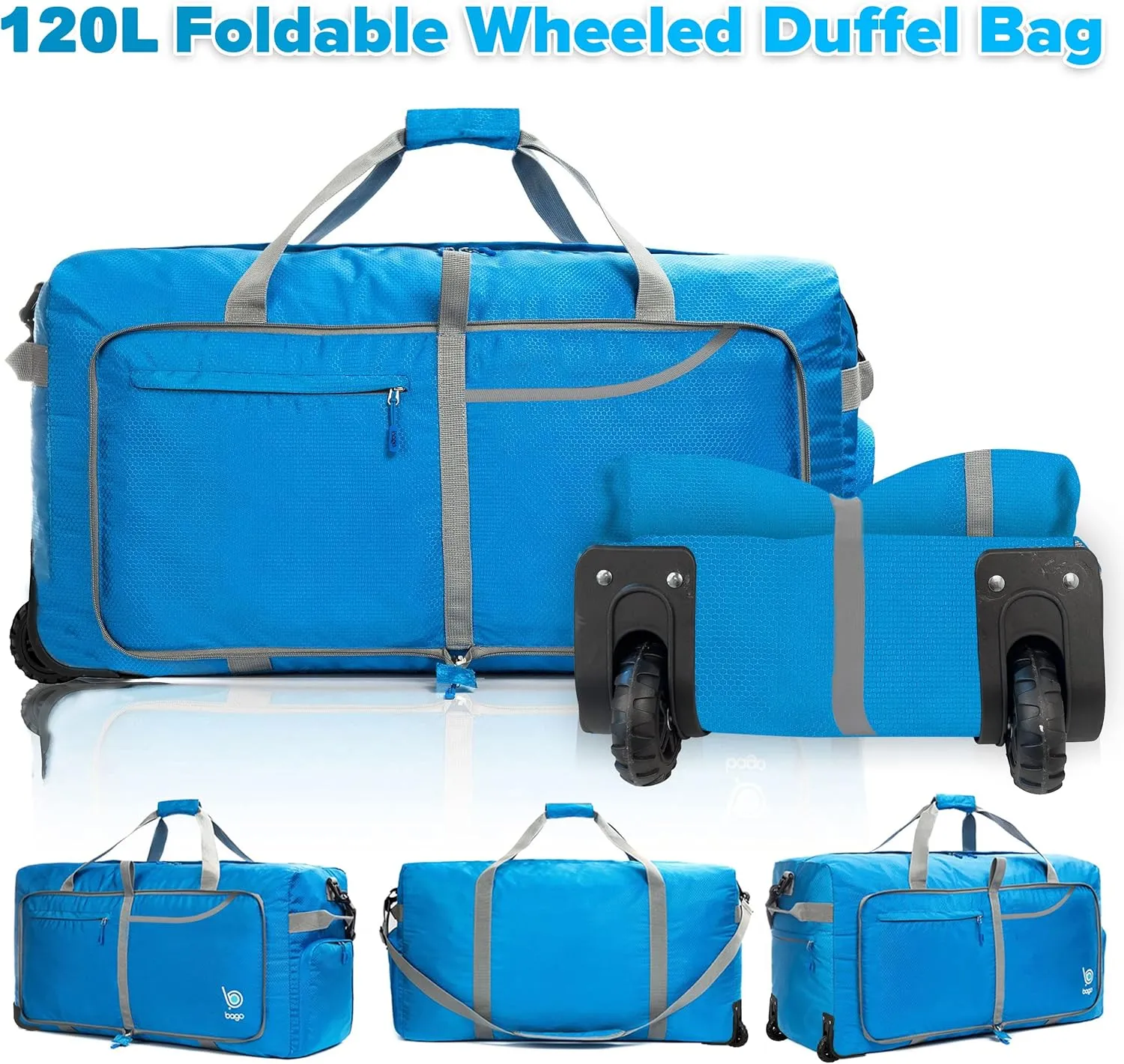Bago Rolling Duffle Bag with Wheels - 31" 120L Foldable Weekender Bag, Waterproof Travel Duffel Bag, Heavy Duty lightWeight Duffle Bag for Traveling, Rolling Duffel Bag with Wheels (Blue)