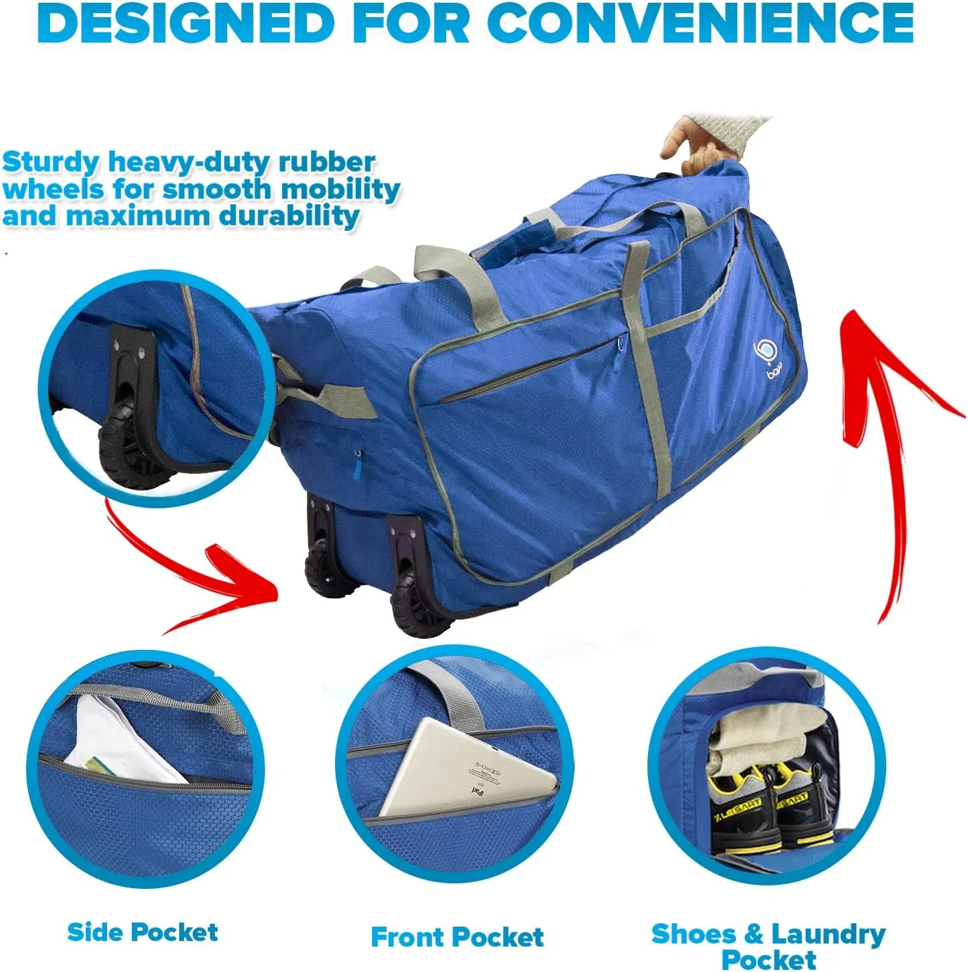 Bago Rolling Duffle Bag with Wheels - 31" 120L Foldable Weekender Bag, Waterproof Travel Duffel Bag, Heavy Duty lightWeight Duffle Bag for Traveling, Rolling Duffel Bag with Wheels (Blue)