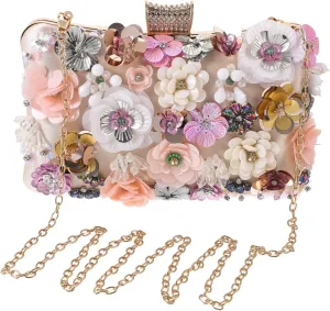Beaded Flower Women Evening Bag Satin Clutch Purse for Women Diamond Embellished Party Handbag