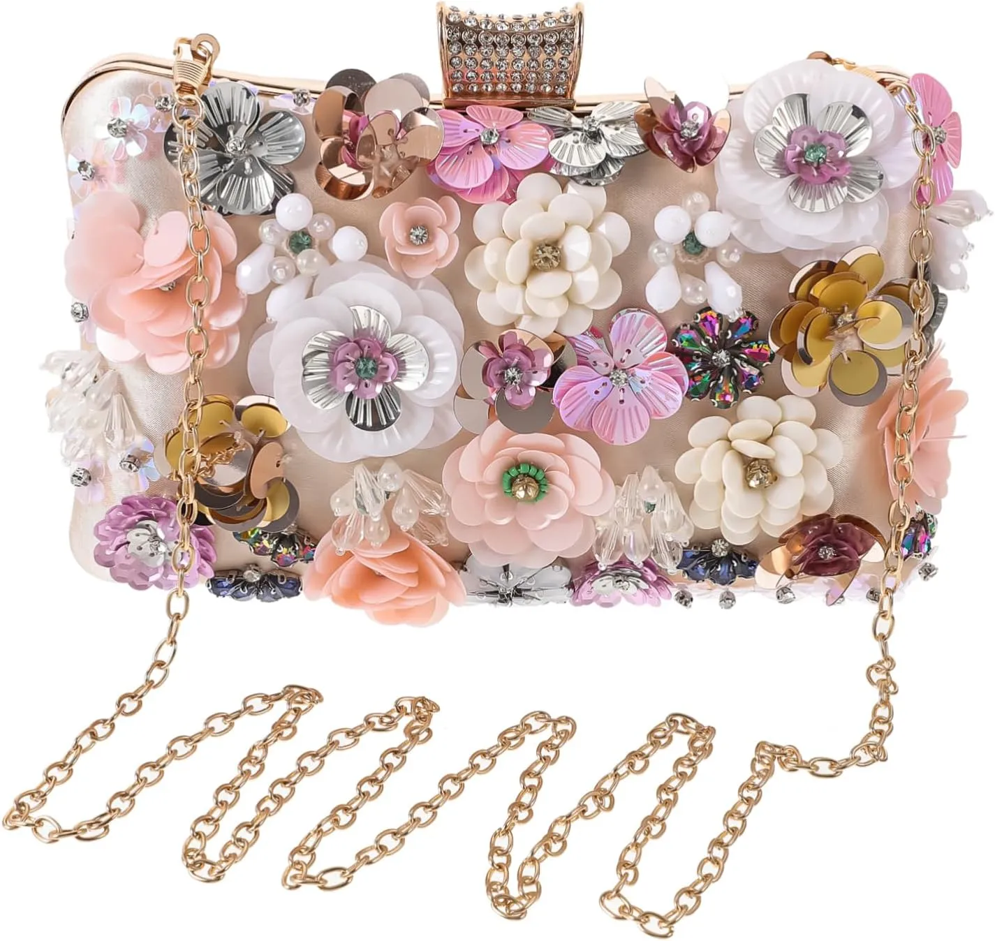 Beaded Flower Women Evening Bag Satin Clutch Purse for Women Diamond Embellished Party Handbag