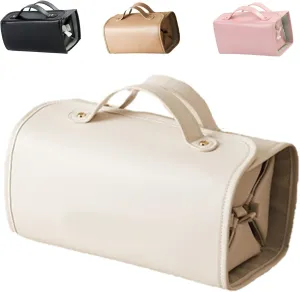 Binozinco Cosmetic Bag, Leather Waterproof Cosmetic Bag, Binozinco Makeup Bag with Compartments, Hanging Cosmetic Travel Bag for Bedrooms Bathrooms Gyms (White)