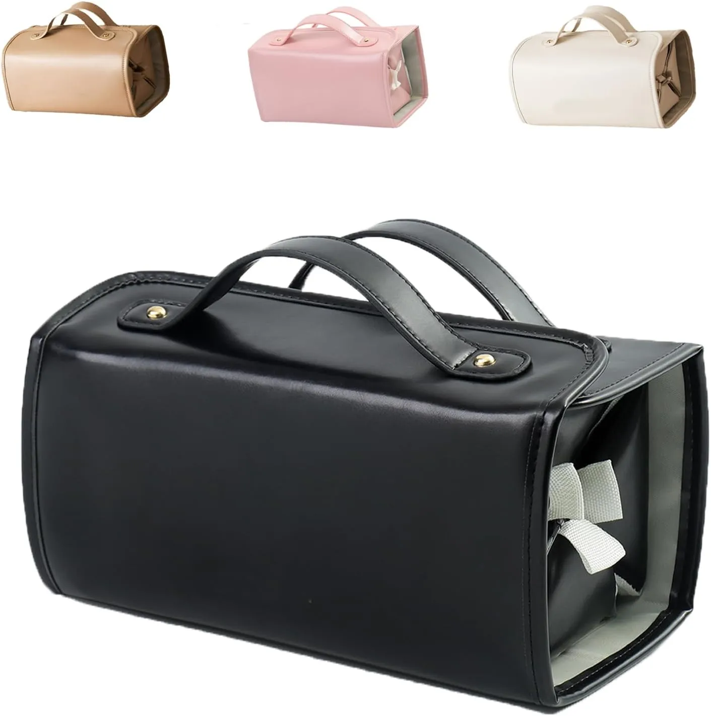 Binozinco Cosmetic Bag, Leather Waterproof Cosmetic Bag, Detachable Compact Toiletry Bag for Travel, Hanging Cosmetic Travel Bag for Bedrooms Bathrooms Gyms (Black)