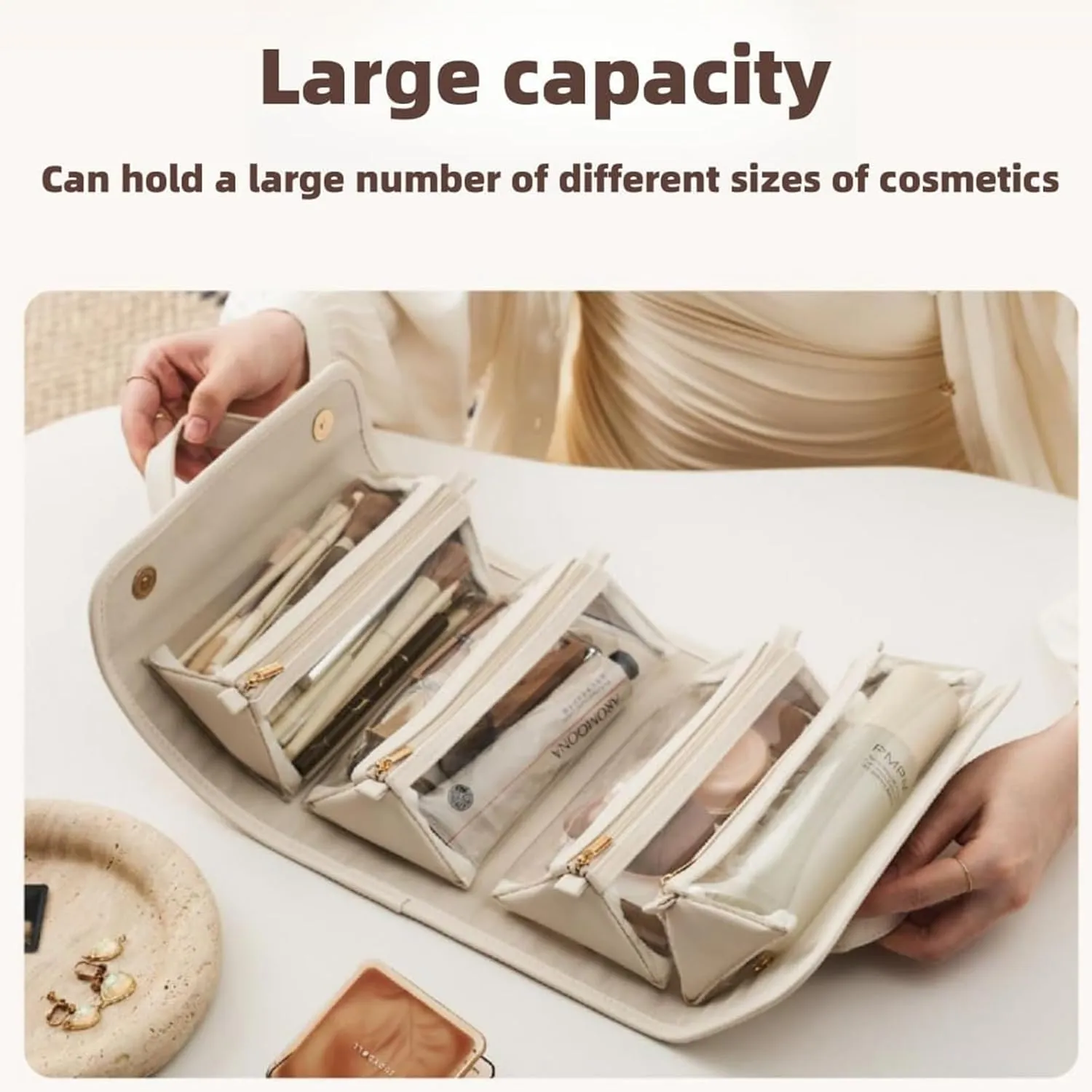 Binozinco Cosmetic Bag, Leather Waterproof Cosmetic Bag, Detachable Compact Toiletry Bag for Travel, Hanging Cosmetic Travel Bag for Bedrooms Bathrooms Gyms (Brown)