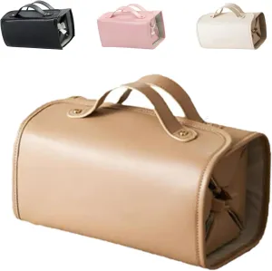 Binozinco Cosmetic Bag, Leather Waterproof Cosmetic Bag, Detachable Compact Toiletry Bag for Travel, Hanging Cosmetic Travel Bag for Bedrooms Bathrooms Gyms (Brown)