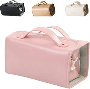 Binozinco Cosmetic Bag, Leather Waterproof Cosmetic Bag, Detachable Compact Toiletry Bag for Travel, Hanging Cosmetic Travel Bag for Bedrooms Bathrooms Gyms (Pink)