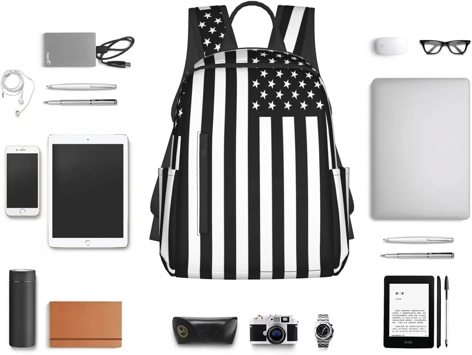 Black And White American Flag Casual Backpacks Laptop Backpack Outdoor Travel Rucksack Sport Carry-On Daypack Lightweight Bag with Multi-Pockets