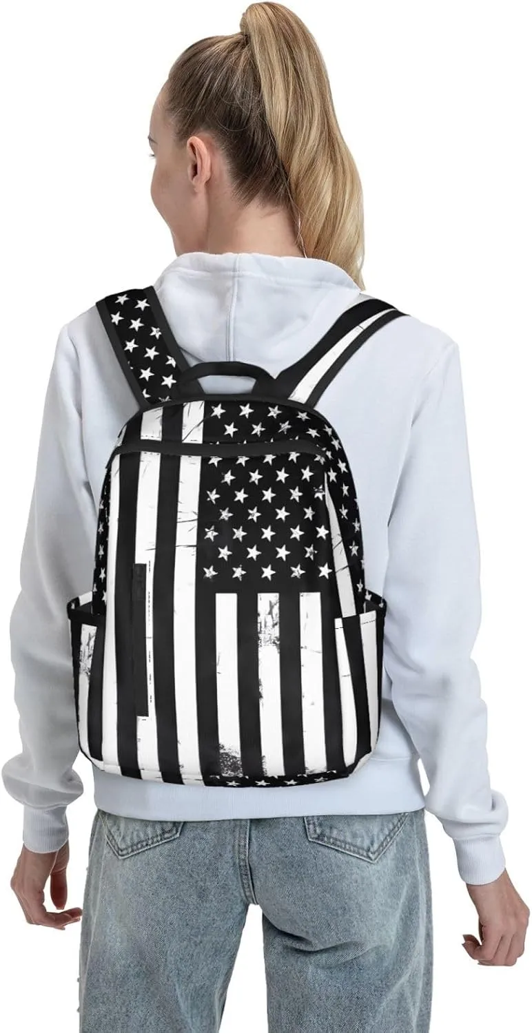 Black And White American Flag Casual Backpacks Laptop Backpack Outdoor Travel Rucksack Sport Carry-On Daypack Lightweight Bag with Multi-Pockets