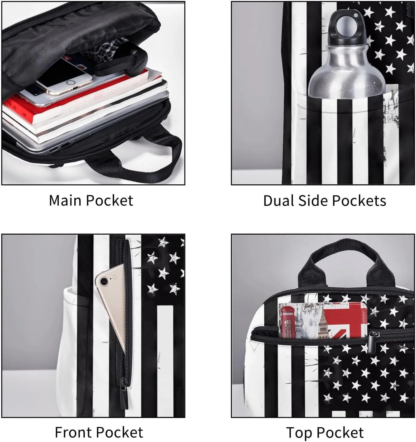 Black And White American Flag Casual Backpacks Laptop Backpack Outdoor Travel Rucksack Sport Carry-On Daypack Lightweight Bag with Multi-Pockets