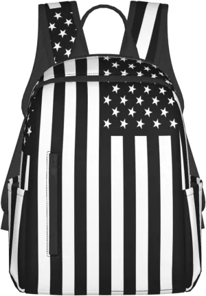 Black And White American Flag Casual Backpacks Laptop Backpack Outdoor Travel Rucksack Sport Carry-On Daypack Lightweight Bag with Multi-Pockets