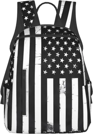 Black And White American Flag Casual Backpacks Laptop Backpack Outdoor Travel Rucksack Sport Carry-On Daypack Lightweight Bag with Multi-Pockets