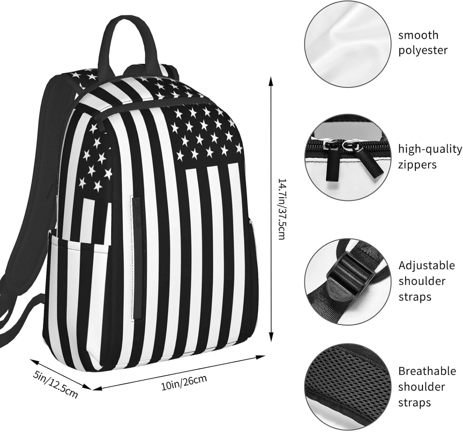 Black And White American Flag Casual Backpacks Laptop Backpack Outdoor Travel Rucksack Sport Carry-On Daypack Lightweight Bag with Multi-Pockets