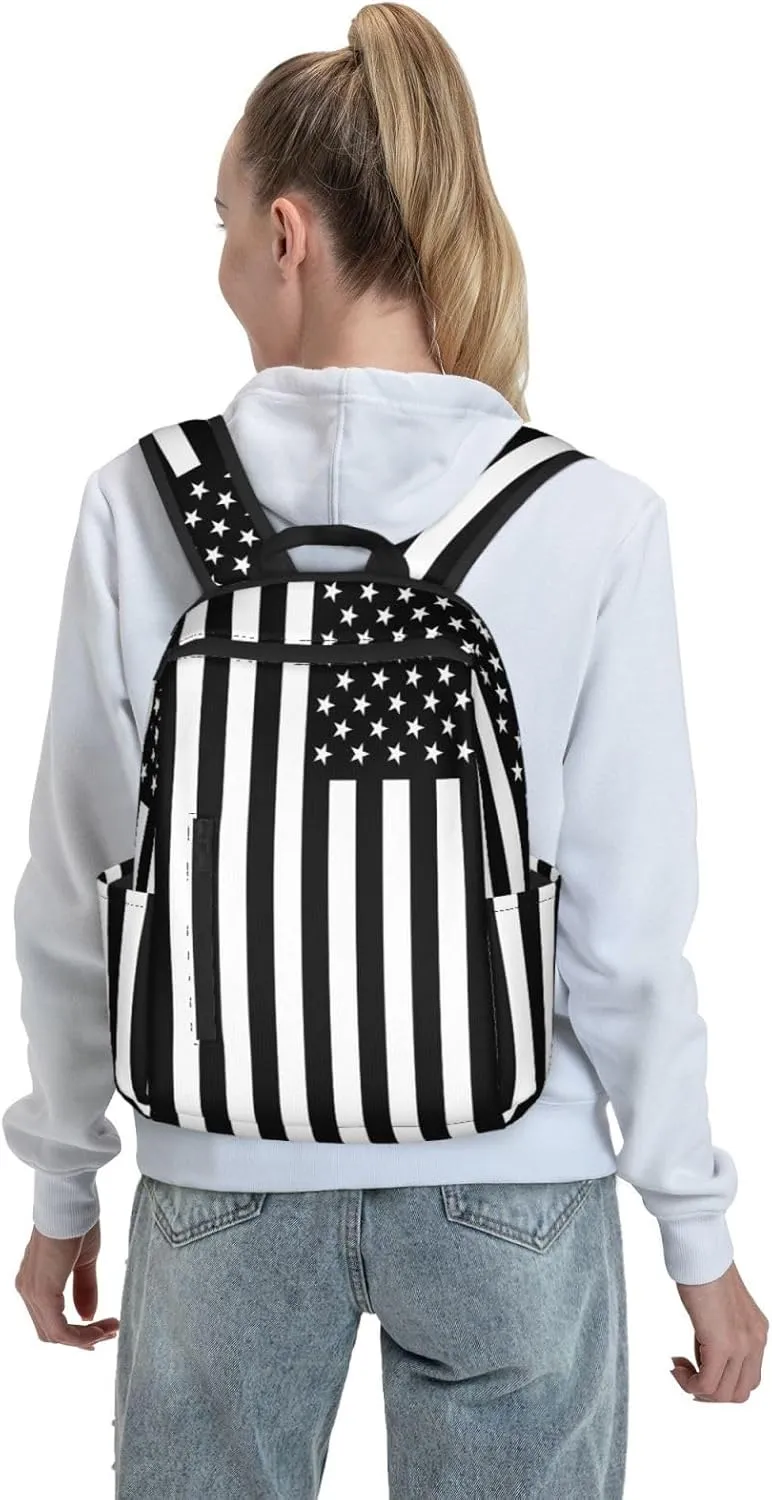 Black And White American Flag Casual Backpacks Laptop Backpack Outdoor Travel Rucksack Sport Carry-On Daypack Lightweight Bag with Multi-Pockets