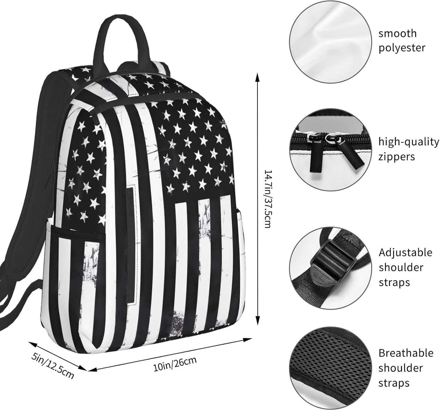 Black And White American Flag Casual Backpacks Laptop Backpack Outdoor Travel Rucksack Sport Carry-On Daypack Lightweight Bag with Multi-Pockets