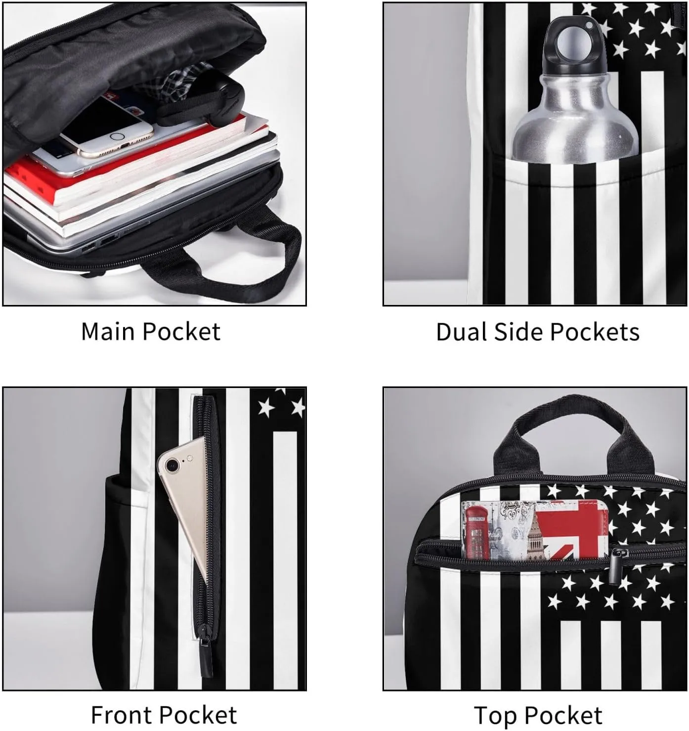 Black And White American Flag Casual Backpacks Laptop Backpack Outdoor Travel Rucksack Sport Carry-On Daypack Lightweight Bag with Multi-Pockets
