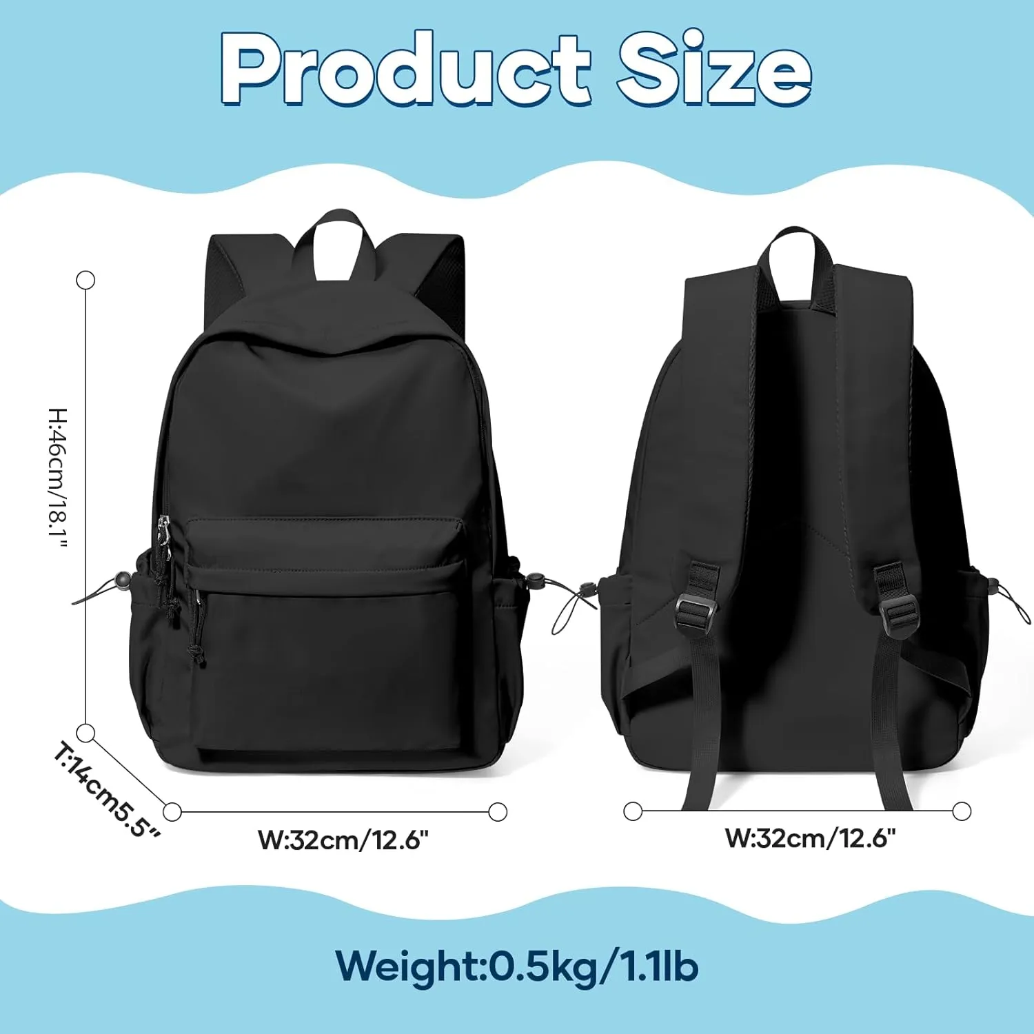 Black School Backpack For Girls Boys High Middle school college Backpack Bookbag Cute Aesthetic Backpacks Lightweight Bag Waterproof Work Gym Casual Daypack Backpacks For Men Women