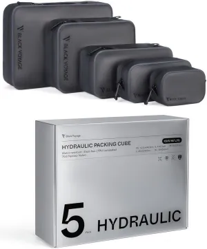 Black Voyage Travel Hydraulic Packing Cube, Dust and Water-Resistant, Translucent TPU Laminated 70D Ripstop Nylon (Black, 5 Pack (XS/S/M/L/XL))