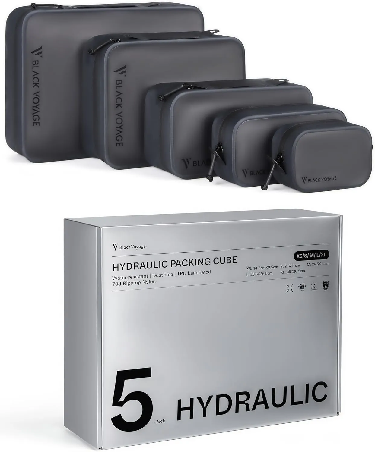 Black Voyage Travel Hydraulic Packing Cube, Dust and Water-Resistant, Translucent TPU Laminated 70D Ripstop Nylon (Black, 5 Pack (XS/S/M/L/XL))