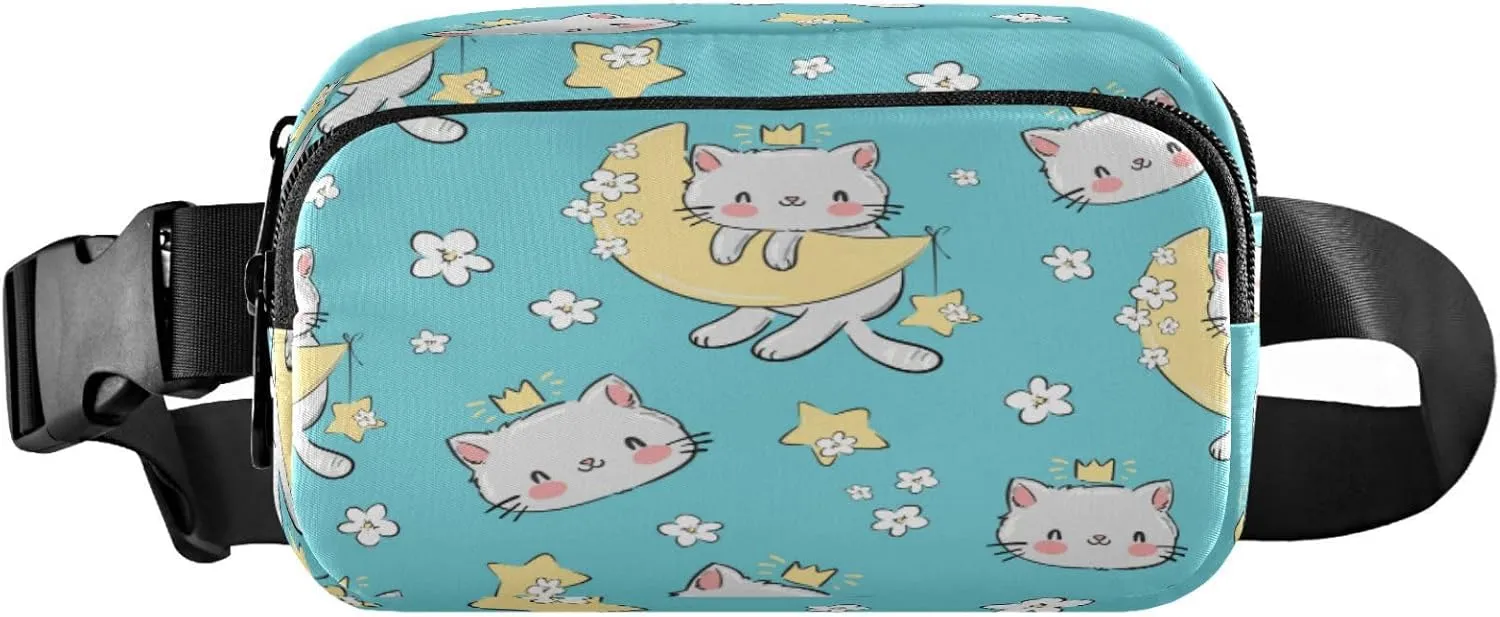Boccsty Cute Cat Moon Flowers Belt Bag for Women Men Fanny Pack Small Waist Pouch Crossbody Bags for Outdoor Hiking Running Travel
