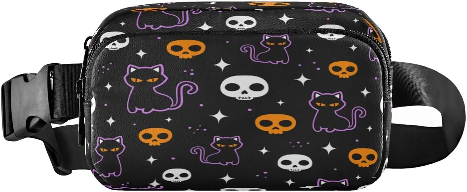 Boccsty Halloween Black Cat Belt Bag for Women Men Colored Skulls Fanny Pack Small Waist Pouch Crossbody Bags for Outdoor Hiking Running Travel