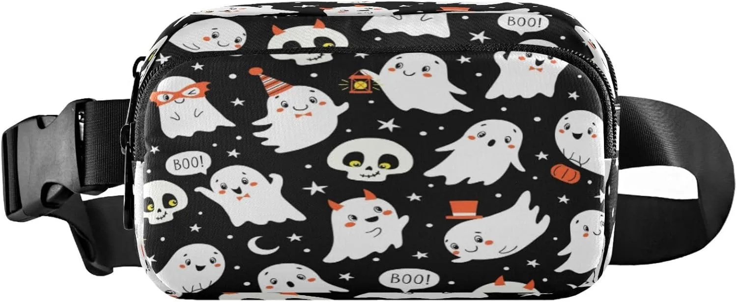 Boccsty Halloween Cute Ghosts Skulls Belt Bag for Women Men Fanny Pack Small Waist Pouch Crossbody Bags for Outdoor Hiking Running Travel