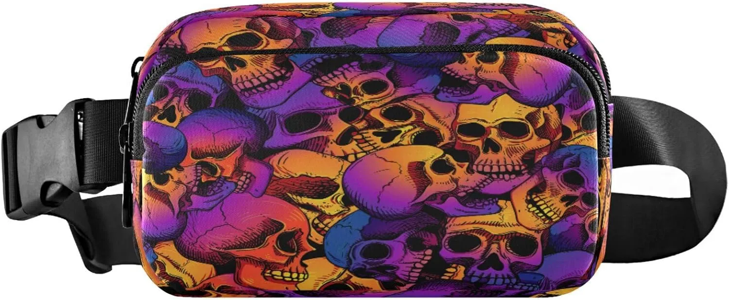 Boccsty Halloween Human Skulls Belt Bag for Women Men Purple Orange Fanny Pack Small Waist Pouch Crossbody Bags for Outdoor Hiking Running Travel