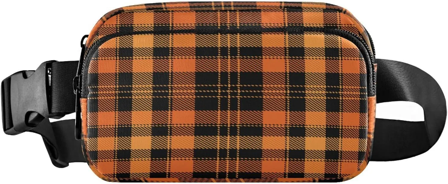 Boccsty Halloween Orange Tartan Check Belt Bag for Women Men Autumn Buffalo Plaid Fanny Pack Small Waist Pouch Crossbody Bags for Outdoor Hiking Running Travel