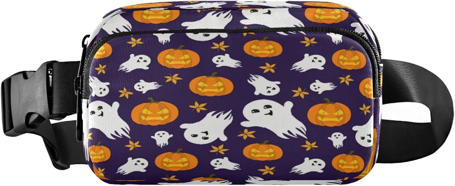 Boccsty Halloween Pumpkin Autumn Leaves Belt Bag for Women Men White Ghost Fall Fanny Pack Small Waist Pouch Crossbody Bags for Outdoor Hiking Running Travel