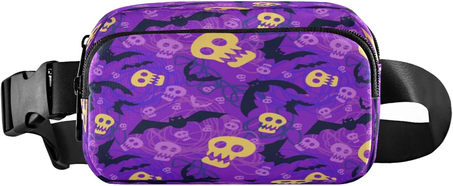 Boccsty Halloween Skulls Bats Belt Bag for Women Men Fanny Pack Small Waist Pouch Crossbody Bags for Outdoor Hiking Running Travel