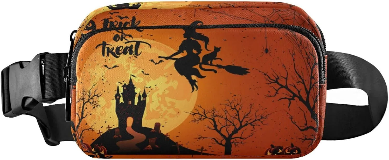 Boccsty Halloween Witch Pumpkin Belt Bag for Women Men Trick Or Treat Spider Web Fanny Pack Small Waist Pouch Crossbody Bags for Outdoor Hiking Running Travel